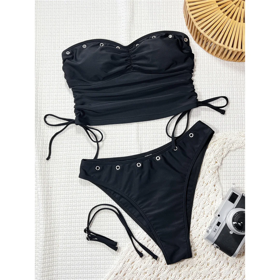 Sexy Bandeau Tankini, geraffter Bikini, Damen-Badebekleidung, zweiteiliger Bikini-Set, gepolsterter Badeanzug, Badebekleidung, Badeanzug, Modell V8263. – Detail 3