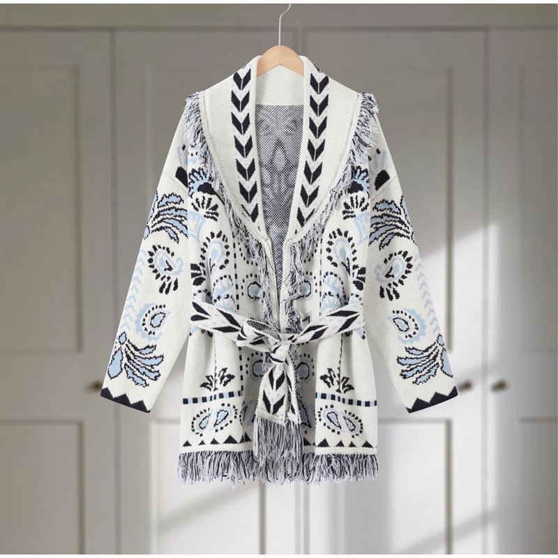 Knitted Jacquard Tassels Patchwork Cardigans Women Sweaters Long Sleeve V-neck Thicken Vacation Sweater 2025 Autumn Coats Tops