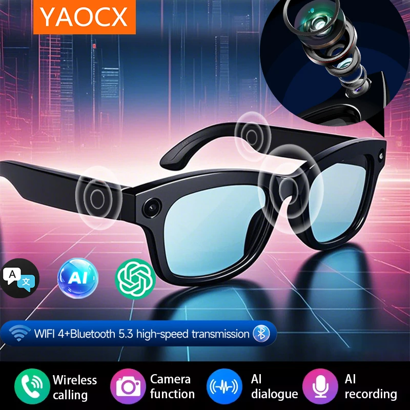 

YAOCX 800w HD Smart Glasses UV Protective Voice Assistant Touch Control Hands-Free Sound Surround Local Music Smart Glasses