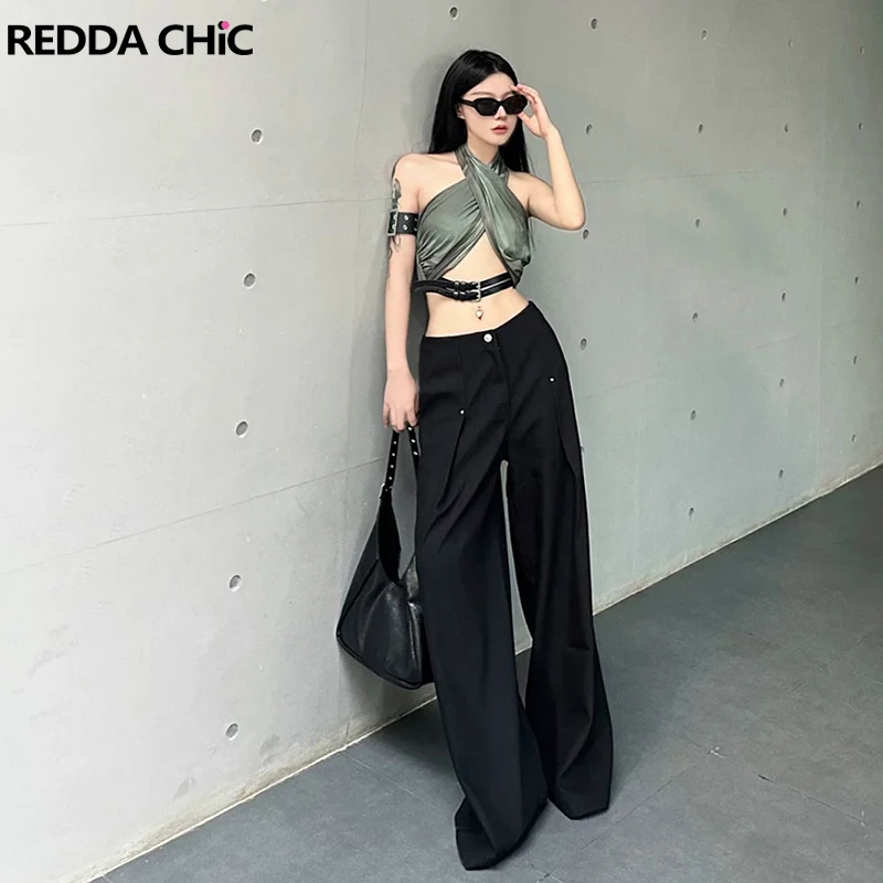 

ReddaChic Work Women Studded Suit Trousers Solid Rivet Pleated Low Waist Wide Leg Loose FIt Dress Pants Office Formal Clothes