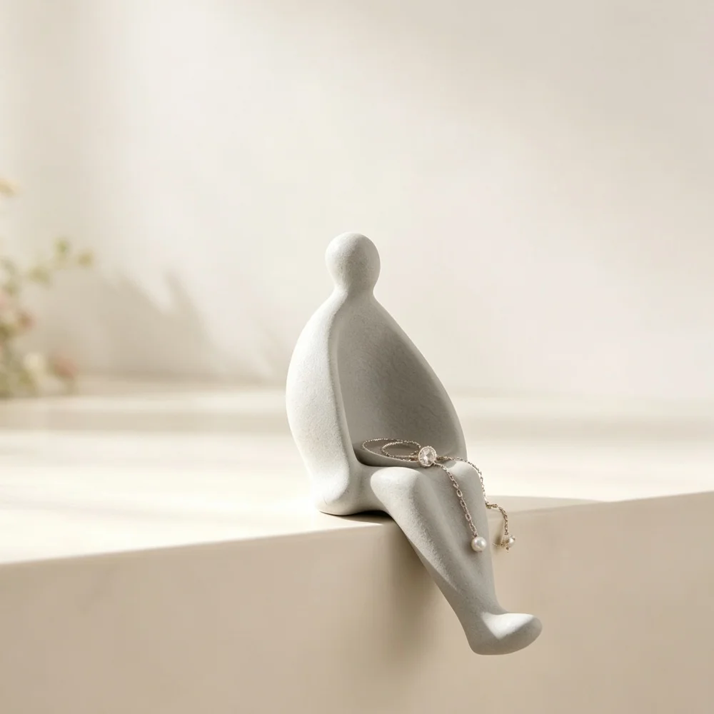 3D Printed Grey Sitting Figure Jewelry Display Stand Minimalist Sculptural Holder For Rings Necklaces And Desk Decor