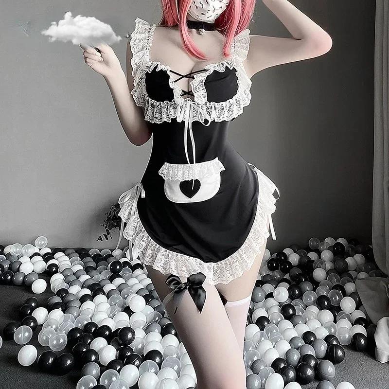 

Sleeveless Halter Japanese Coffee Bar Uniform Lace Plus Size Apparel Anime Maid Cosplay Outfit For Women Kawaii Sexy Costumes
