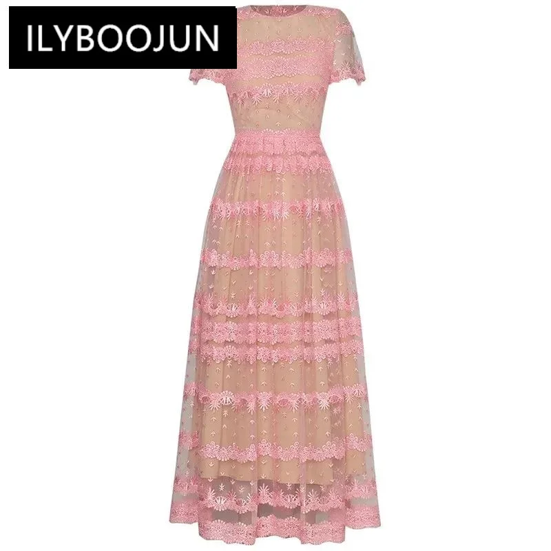 

ILYBOOJUN Fashion Designer spring Summer Women's Dress O-Neck Short Sleeve Embroidery Mesh Splicing Elegant Dresses