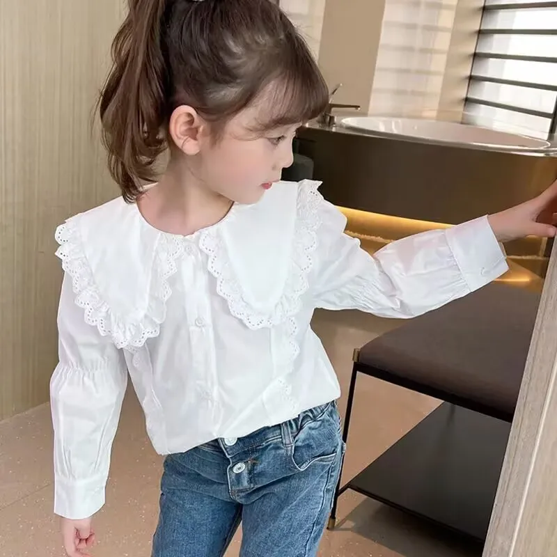 

Teenage Girl Doll Neck Long sleeved White Shirt Spring and Autumn Girl Baby Cotton Bottom Shirt Fashionable Children's Shirt