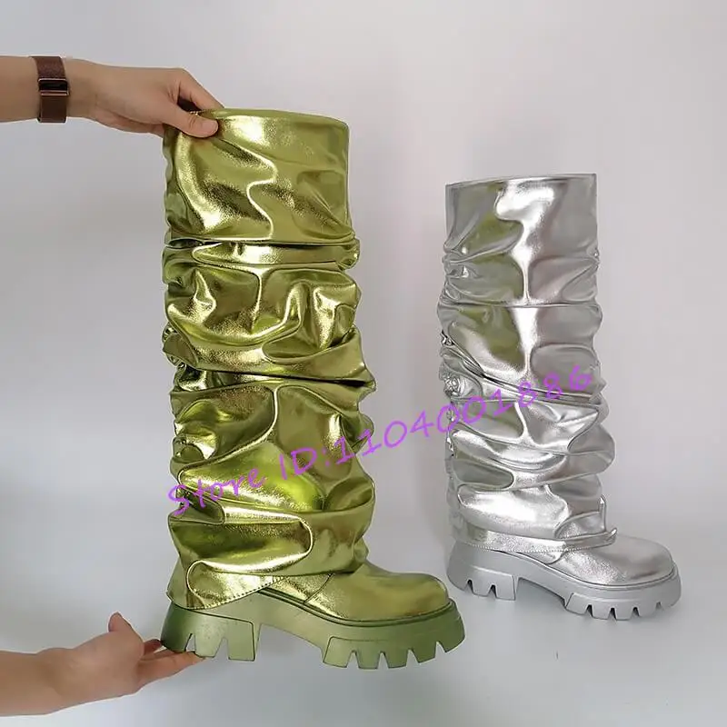 Trendy Green Knee High Boots Women's Platform Round Toe Pleated Motorcycle Boots New Thick Bottom Gold Silver Large Size Shoes