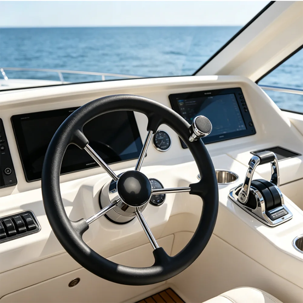 Boat Steering Wheel 5‑Spoke Stainless‑Steel Marine Foam Steering Wheel with Turning Knob Hydraulic Steering for Yacht Vessel