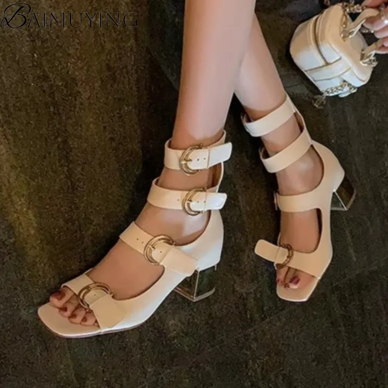 

Women's Square Toe Heeled Sandals Buckle High Heels Shoes Woman's Summer Fashion Dress Open Toe Pumps Shallow Platform Sandalias