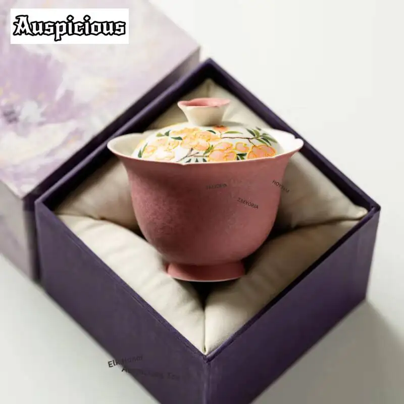 ZAEYORIA 130ml Hand-painted Peach Blossom Gaiwan Handmade Tea Tureen Tea Bowl with Lid Kit Tea Brewing Cover Bowl Cafes Craft