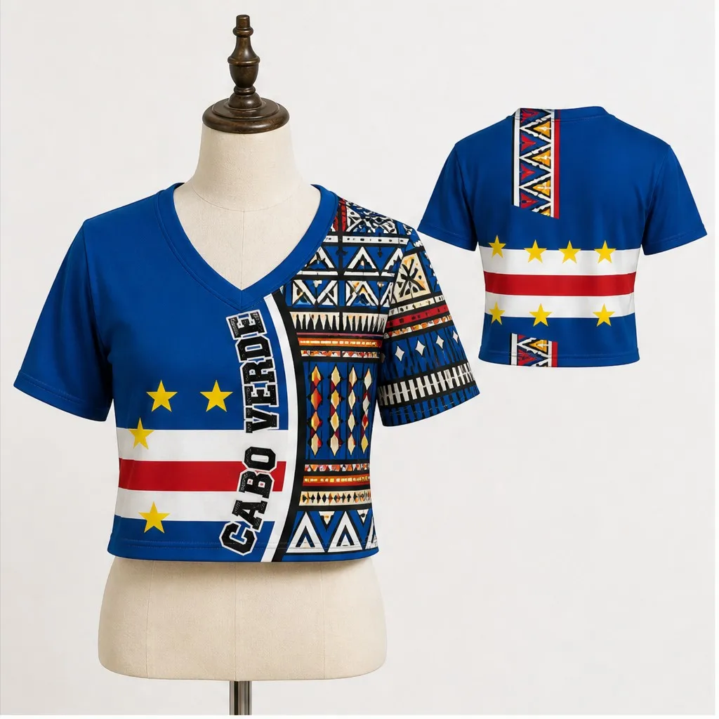 Womens Cape Verde V Neck Short Sleeve Crop Top Tribal Panel Star Print Casual Summer Shirt for Street Travel Holiday Daily Looks