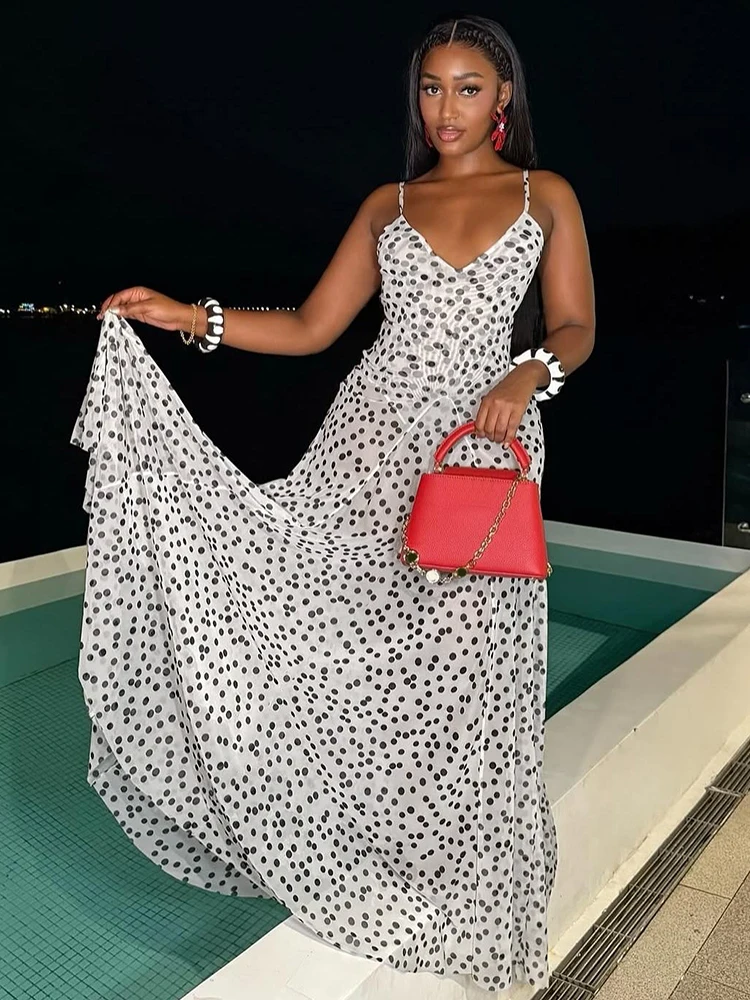 Macheda Ruches Elegante Maxi Jurk Vrouwen Sexy See Hoewel Stippen Print Lage Hals Backless Mode High Street Style vestidos