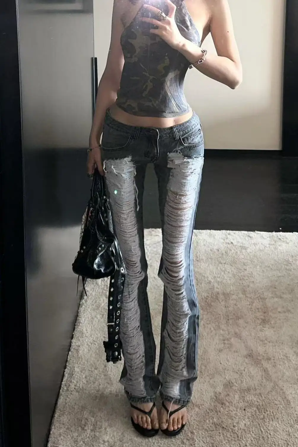 

Y2K Low Waist Ripped Washed Jeans for Women American Vibe Vintage Style Slim Fit Flare Pants Streetwear Baddie Aesthetic Look