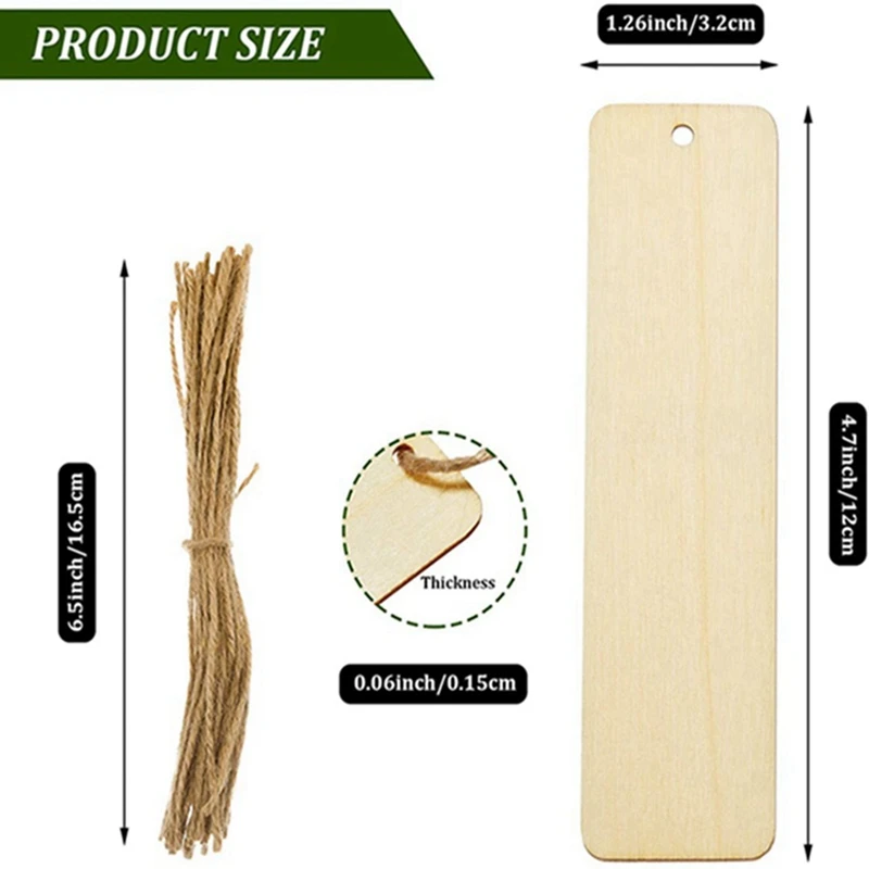 100Pcs Wooden DIY Bookmark Blank Bookmarks With Ropes Wooden Book Markers Rectangle Thin Hanging Tag