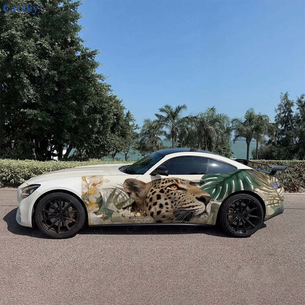 2pcs Monstera And Blooms Leopard Car Side Wraps, Self-Adhesive PVC Waterproof & Scratch-Resistant Stickers, Car Accessory Gift
