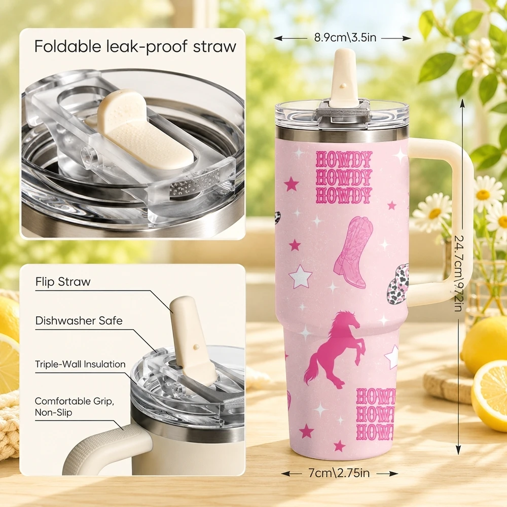 Pink Denim Vacuum Flasks 40oz Stainless Steel Tumbler with Handle Straw Lid Vacuum Insulated Double Wall Leak Proof