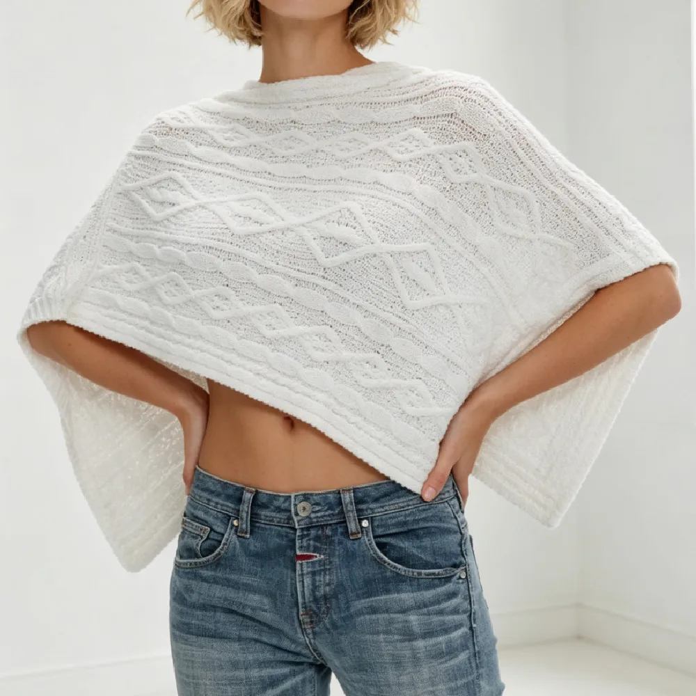 Vintage Black Slash Collar Twist Knitted Pullover Irregular Sweater Cloak For Women Cape Loose Oversized Jumper White