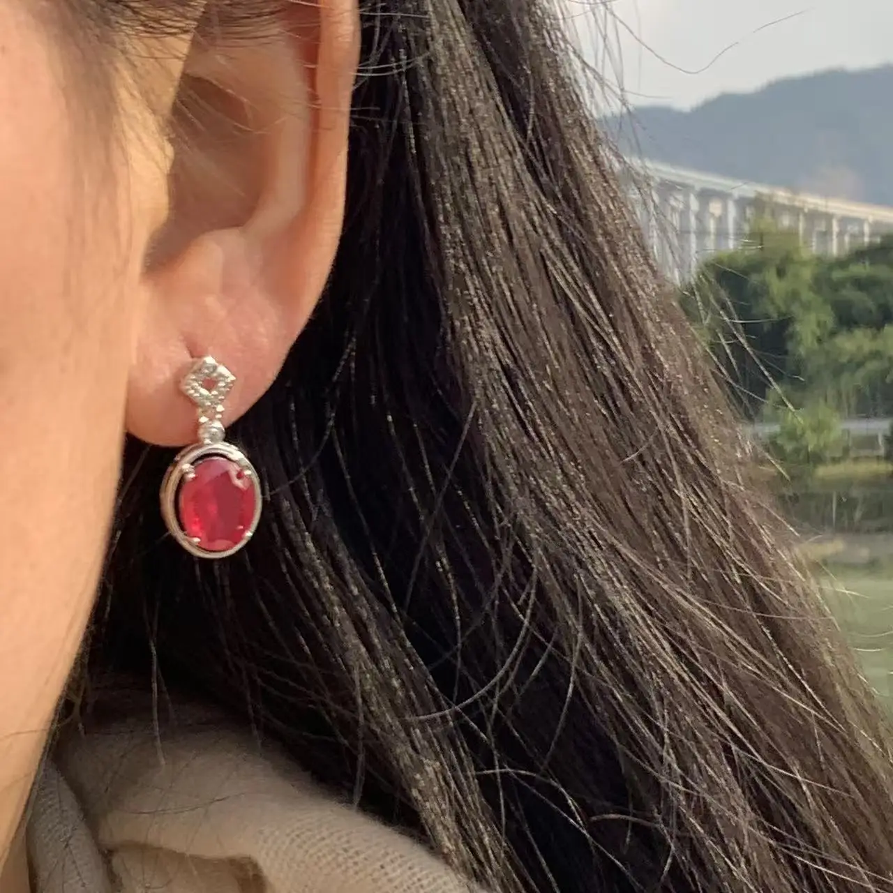 Oval Natural Ruby Earrings 925 Silver Stud Earring For Women 925 Sterling Silver Cute Gift Prevent Allergy Fine Jewelry