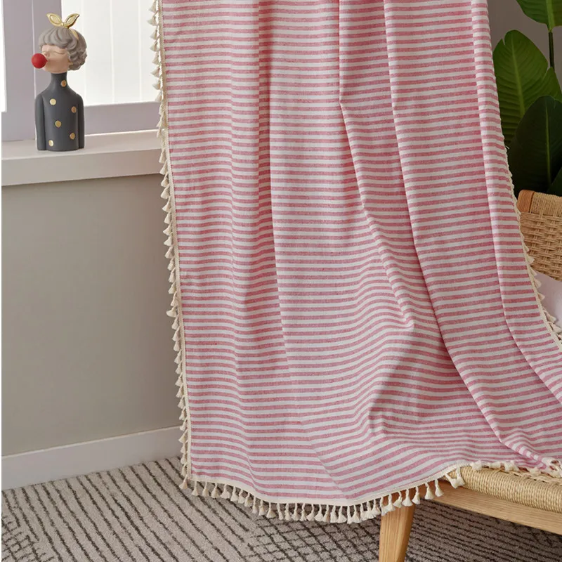 Bay Window Curtains Japanese Style Red Striped Cotton and Linen for Kitchen Living Room Bedroom Home Decoration Curtain