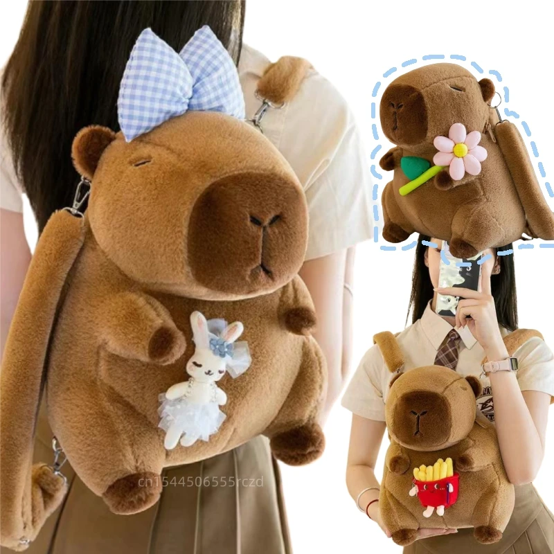 Kawaii Creative Animal Capybara Plush Backpack Doll Bow Food Fries Burger Flower Miękka pluszowa torba na ramię Prezent dla chłopców i dziewcząt