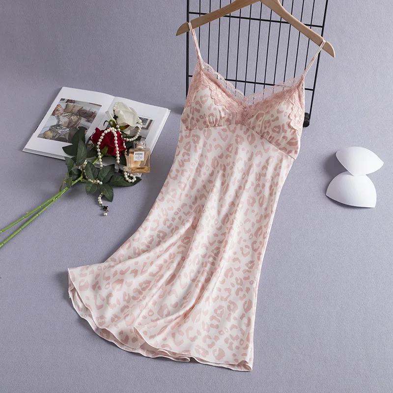 

Female Strap Nightdress Lingerie Summer Sexy Leopard Print Nightgown Sleepwear Lady Chemise Nightwear Silky Satin Home Dress