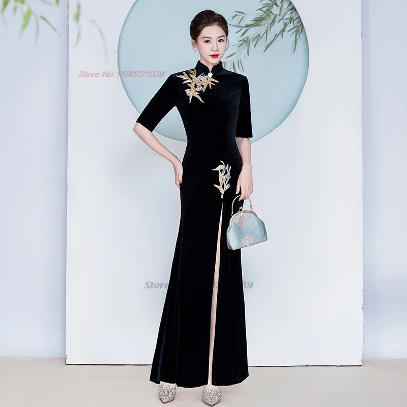 

2025 chinese vintage dress improved cheongsam national flower embroidery velvet qipao performance dress banquet evening dress