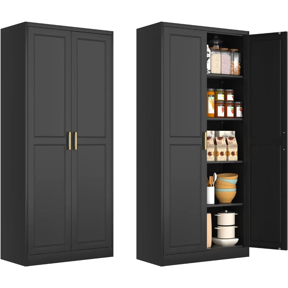 71" Tall Metal Kitchen Cabinet, Freestanding Storage with Doors & Adjustable Shelves, Black Food Cupboard (Assembly Required)
