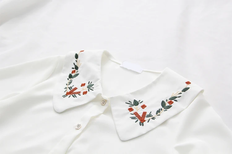 Vintage Flower Embroidery Shirts for Women, Turn-down Collar, Lantern Sleeve, Loose Lady Tops, Elegant Outwear, Summer, 2024