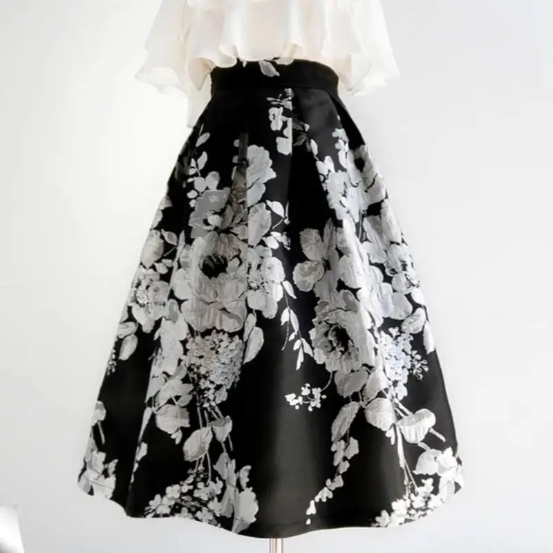 

Women's Runway Fashion Spring Autumn Vintage Flower Jacquard Skirt Female Autumn Winter High Waist A-line Skirt TB2782