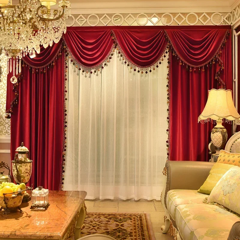 European Velvet Red Curtains for Living Room Bedroom Valance Marriage Room Bay Window Custom