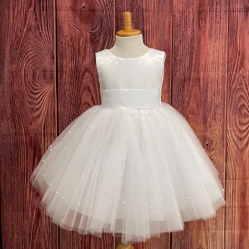 Vestidos de niña de flores para bodas, tul, perlas hinchadas con lazo, fiesta de noche, graduación, primera comunión, desfile, Princesa, vestidos de baile para niños