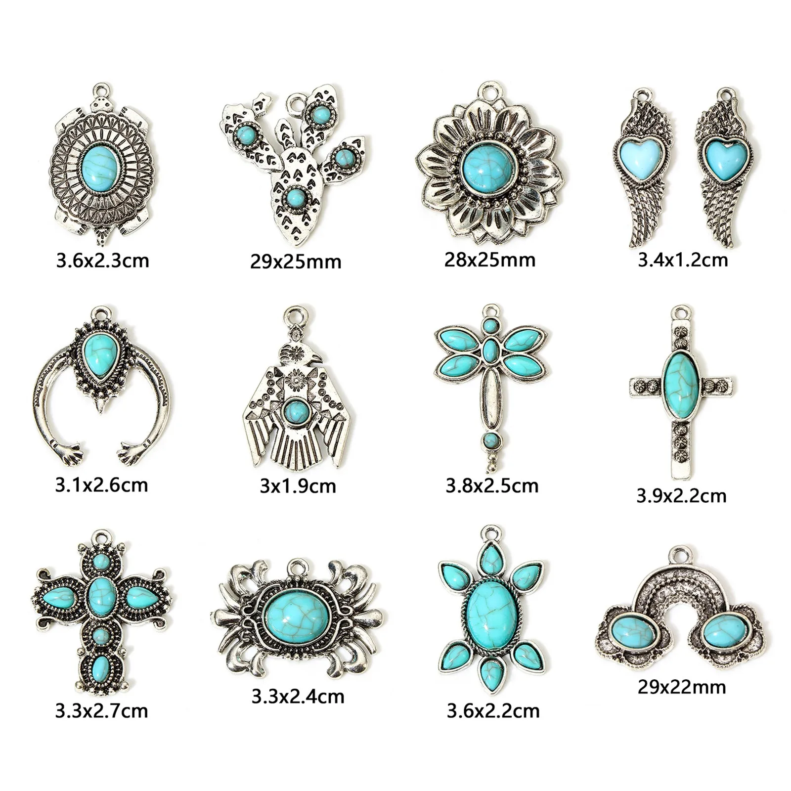 5pcs Bohemian Style Pendants Antique Silver Color Resin Cabochons Imitation Turquoise Cross Flower Charms DIY Necklace Jewelry