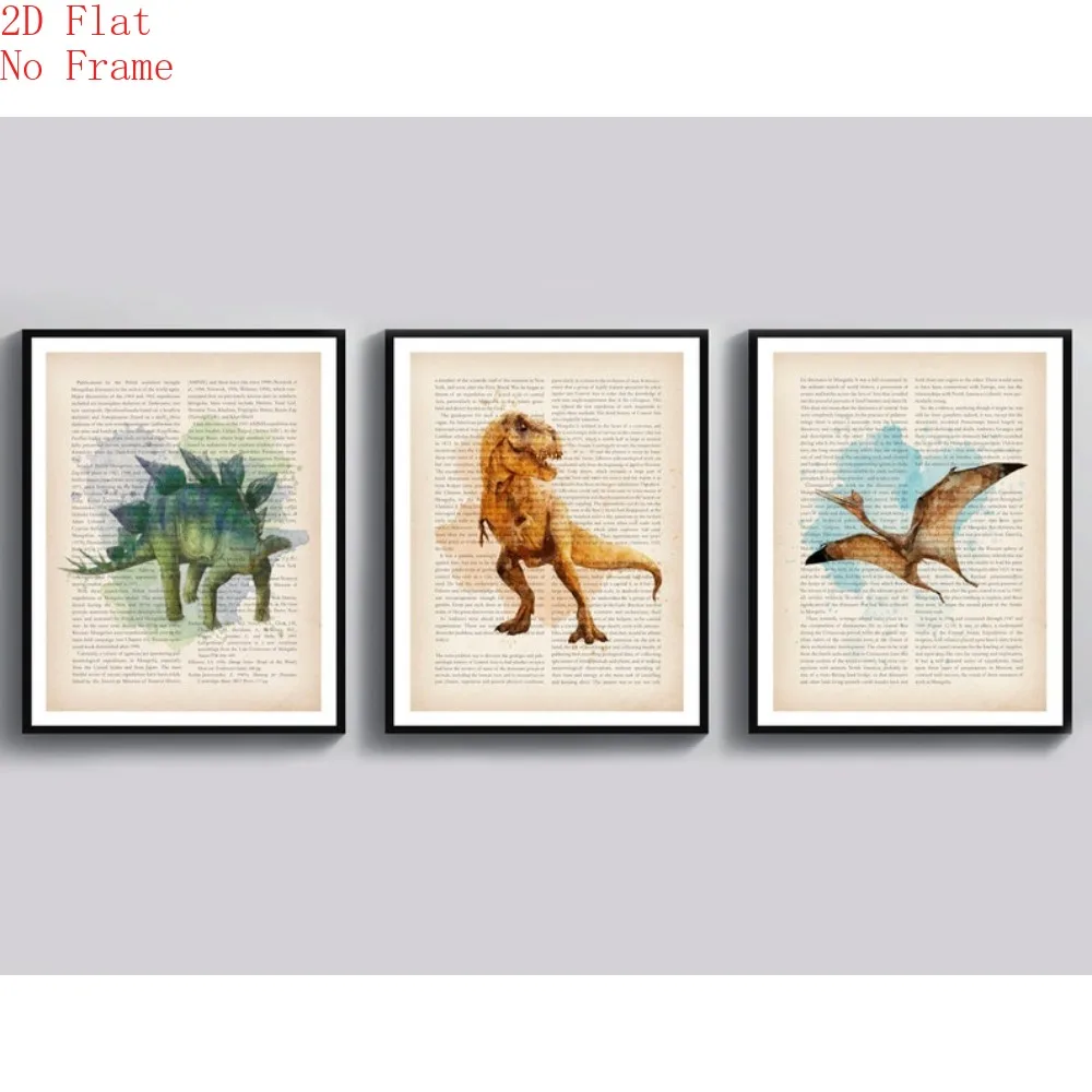 (NoFrame 3PCS)-2D Flat, [2D Flat] 3pcs(Canvas Poster Unframes)Dinosaur Art Poster Dictionary Page Drawing Art Watercolor Tyra