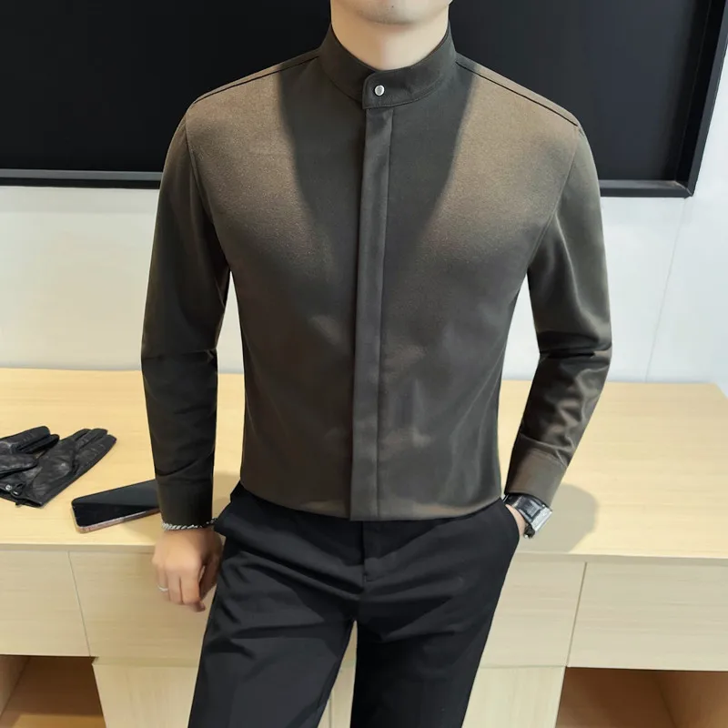 Brand Standing Collar Woolen Shirt Men Solid Color Casual Business Long Sleeve Shirts Thick Warm Slim Fit Office Social Shirt