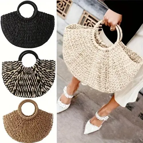 Imagen 2 del producto Bolso de mano tejido de paja Retro de gran capacidad, bolso de mano informal para mujer, bolso de mano para viajes en la playa, accesorio de moda de verano