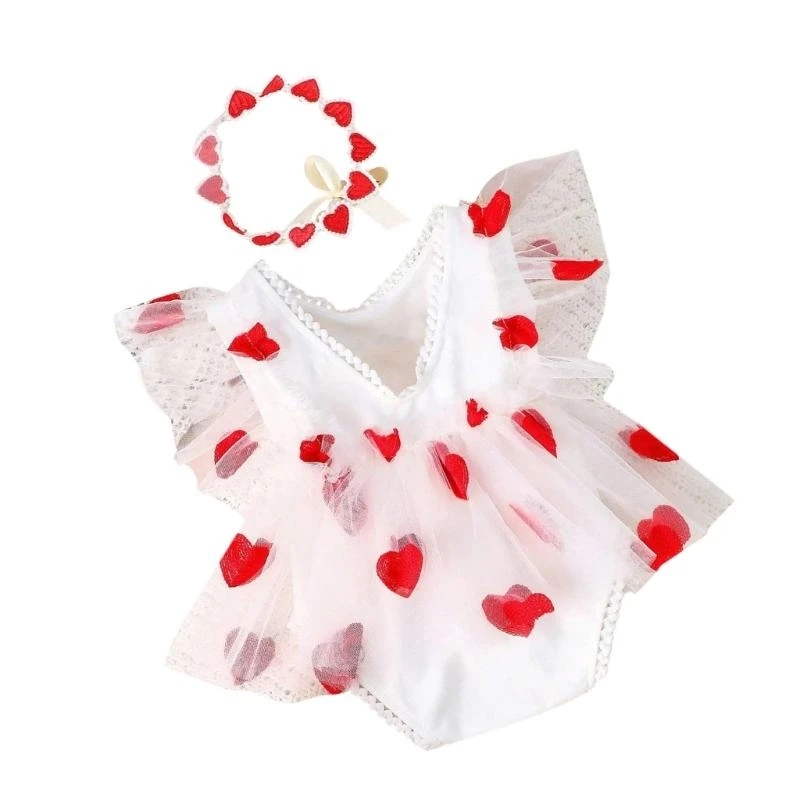 CORB Photo Clothes Newborns Photography Props Baby Costume Clothing Embroidery Heart Pattern Headband & Romper Outfit