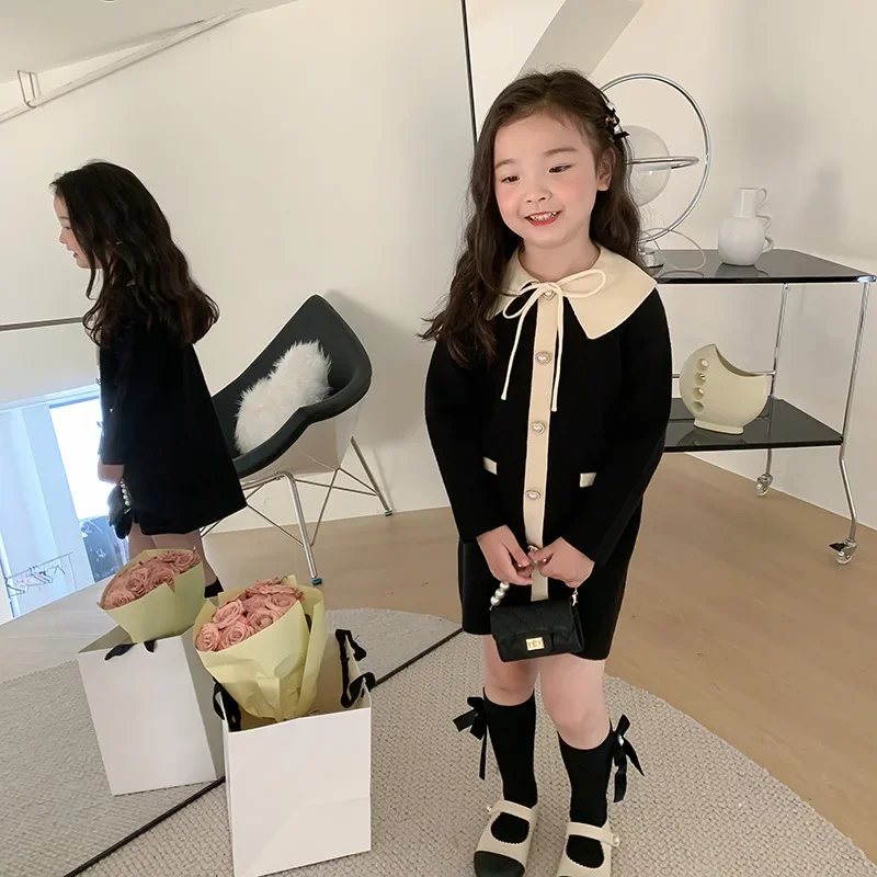 Korean Spring Girls' Western Lapel Wool Classic Style Knitted Sweater Dress