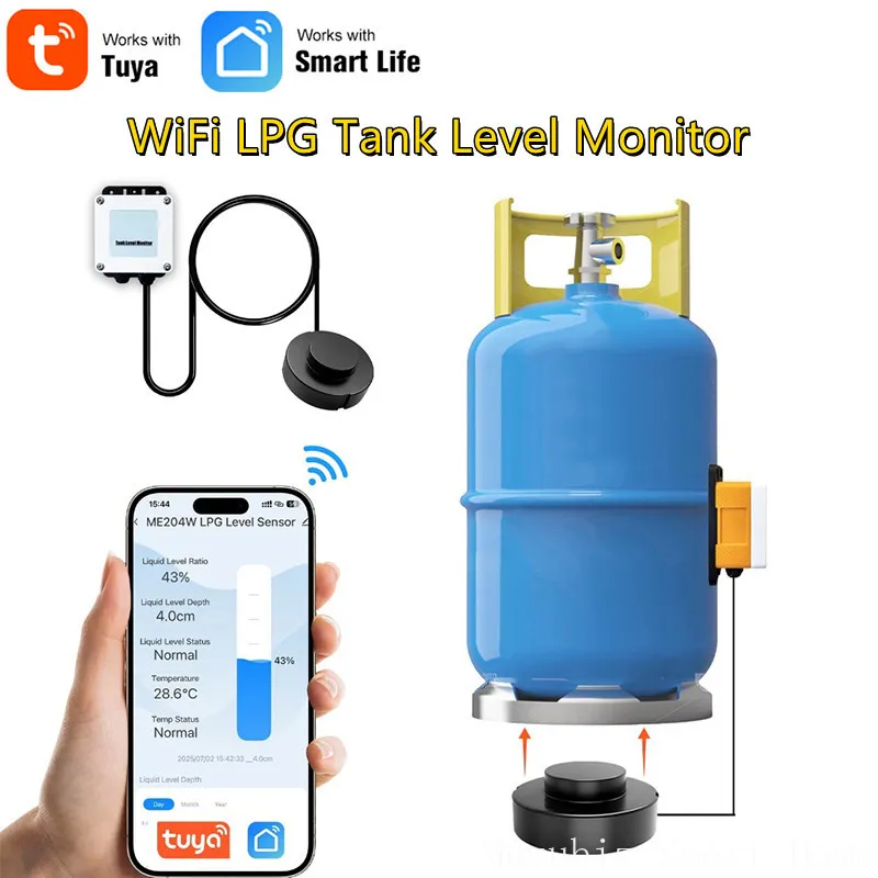

Tuya Smart APP-подключенный высокоточный индикатор уровня сжиженного нефтяного газа с датчиком уровня жидкости для баллонов с пропаном и мониторингом в реальном времени