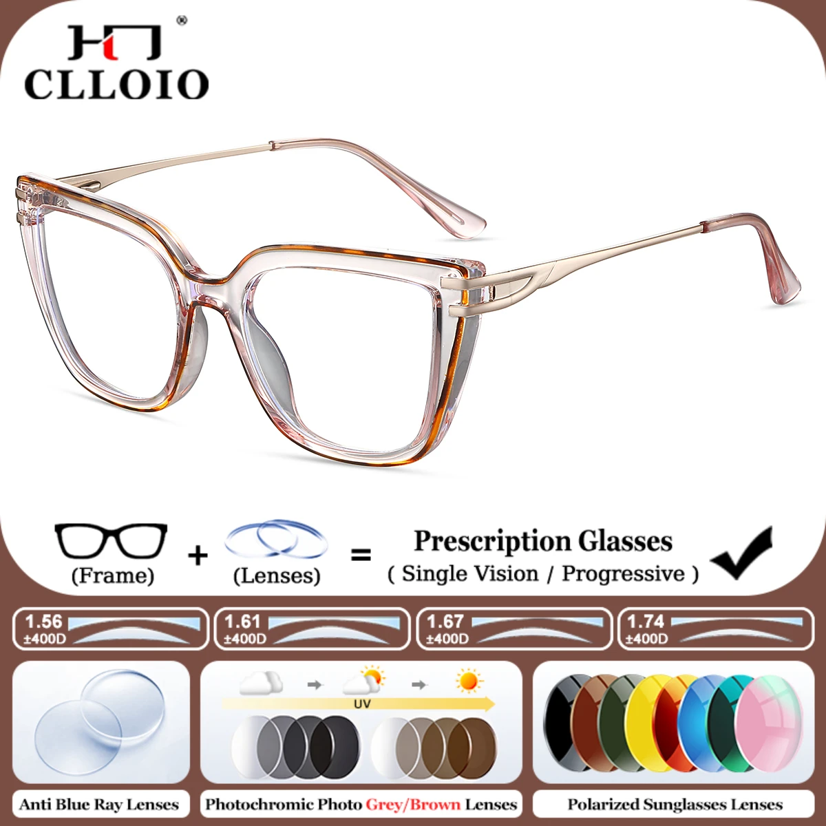 

CLLOIO Fashion Square Frame Progressive Prescription Glasses Women Anti Blue Light Myopia Photochromic Optical Office Eyeglasses