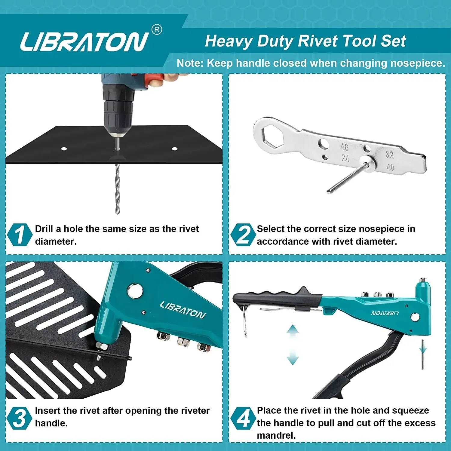 Libraton Heavy Duty Rivet Gun Pop Rivet Gun Set Professional Hand Riveter Manual Riveting Tool for Metal Wood and Plastic