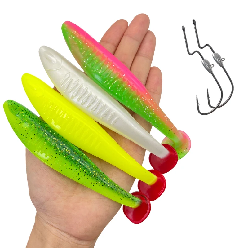 6 Stück 14 cm/18,5 g große Gummiköder mit 2 Offset-Haken für das Meeresangeln, geeignet für Schnapper, Grouper, Teichangeln, Spinnangeln, T-Tail-Soft-Worm-Köder, großes Angelzubehör-Set
