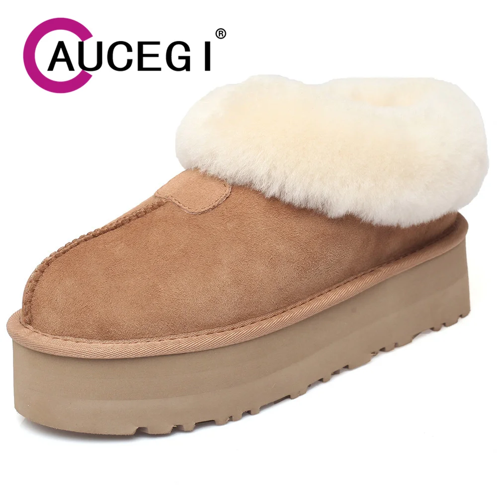 

Aucegi 2024 High Quality Kid Suede Winter Warm Women Pumps Solid Color Round Toe Slip On Mid Heel Platform Snow Shoes Brown