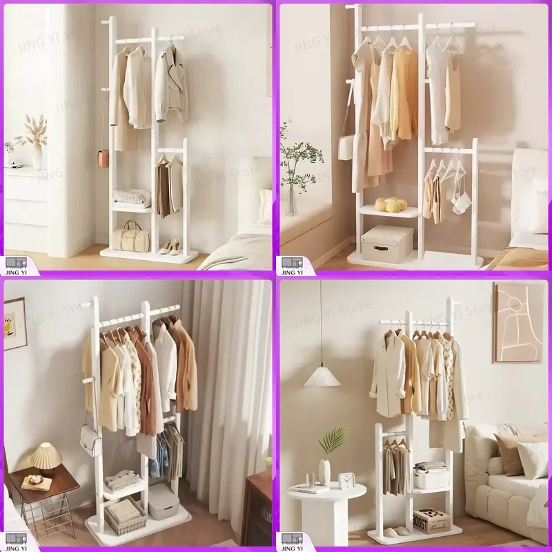 Cream Solid Wood Floor to Ceiling Coat Rack Vertical Clothes Hanger Stand for Bedroom Living Room Office Home Storage