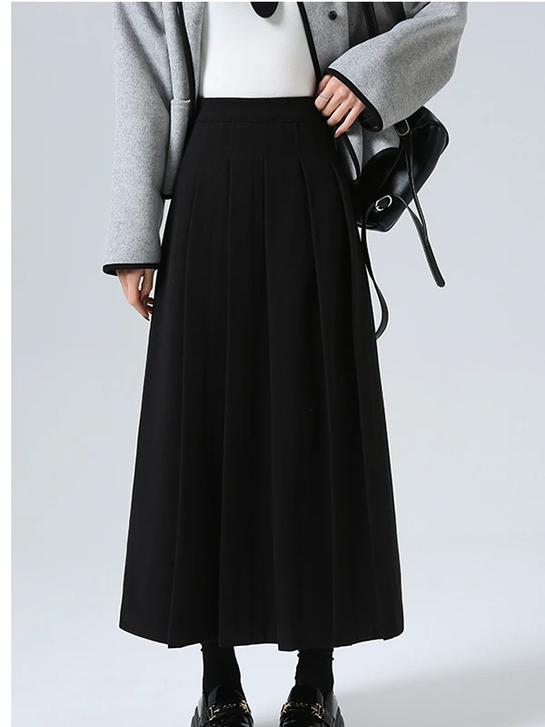 

OL Commuter plus Size Women's Woolen Plaid Long Skirt Autumn Winter A-Line High Waist Casual Midi Skirt
