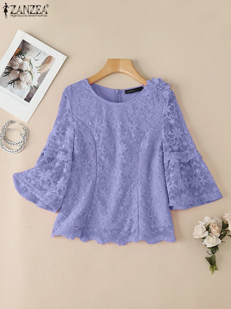 

ZANZEA Womens Floral Embroidered Tulle Blusas Mujer 3/4 Sleeve O-Neck Fashion Patchwork Tunic Tops Flower Detail Elegant Blouses