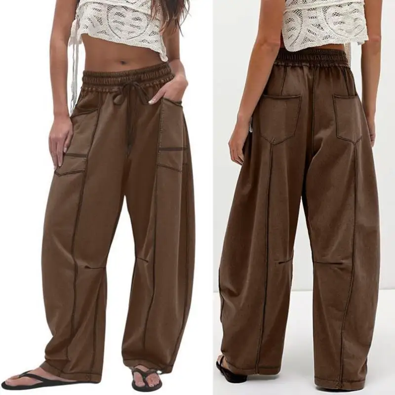 

Loose Wide Leg Buet Pants Casual Dstring Women's Trousers High Waist Straight Cut Neutral G Other Material 00%