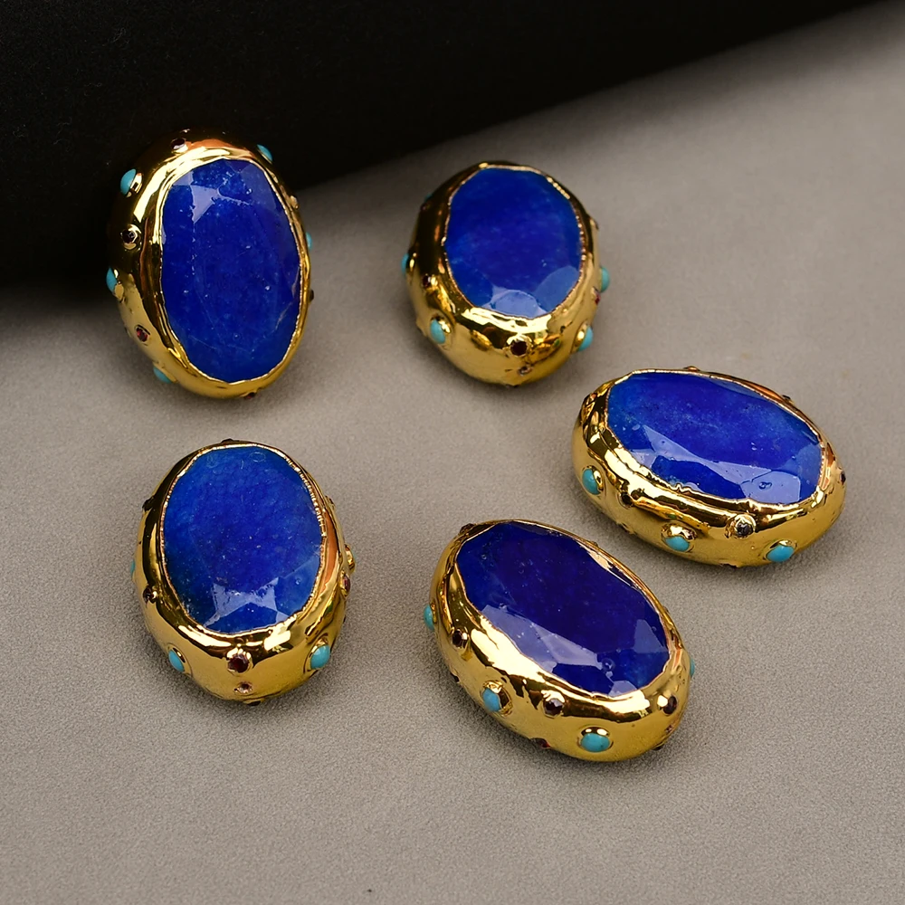 APDGG Wholesale 5 Pcs Big Natural Blue Jade Oval Shape Beads Paved Turquoise Gold Plated Spacer Beads Jewelry DIY