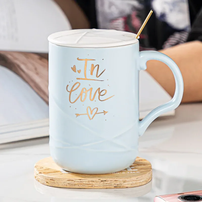

# Wholesale Creative Large Capacity Lover Coffee Cup White Pink Ceramic Cup With Lid Spoon #