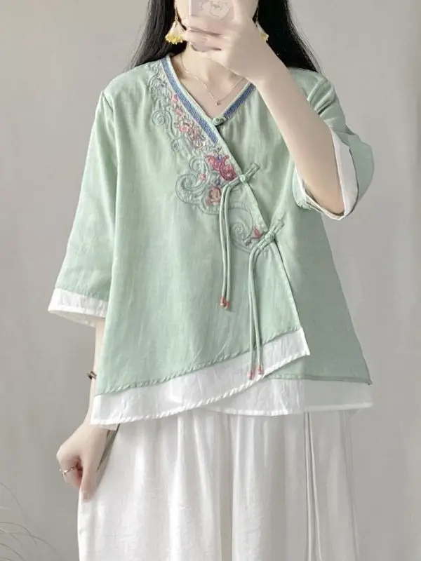 New Chinese Style Women's Cotton Linen Shirt Summer Season Button Design Traditional Hanfu Zen Tea Clothing Ethnic Trend Top