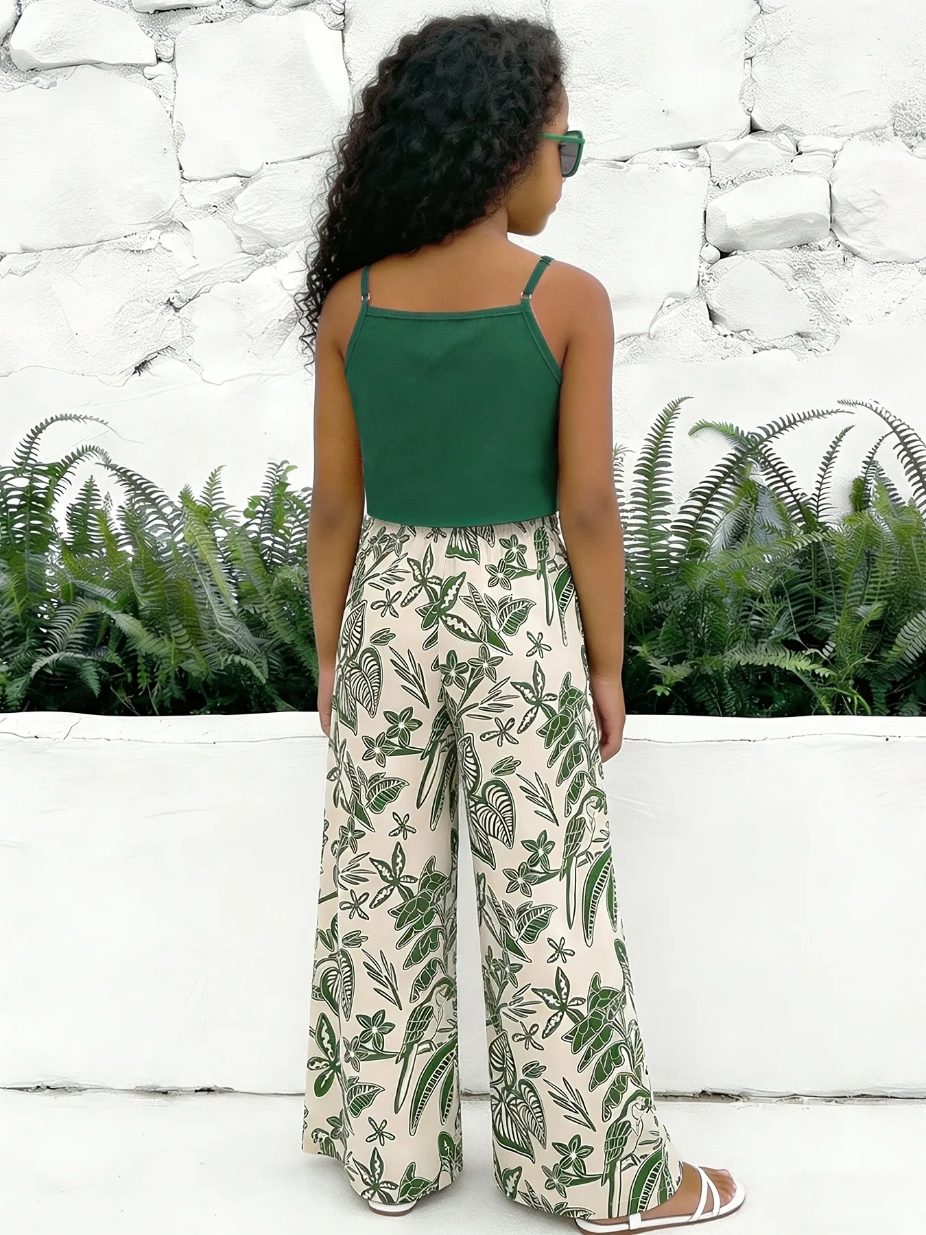 Girls 2-Piece Summer Outfit Set, Dark Green Tiered Ruffle Cami Crop Top & Tropical Plant Bird Print Elastic Waist Wide Leg Pants