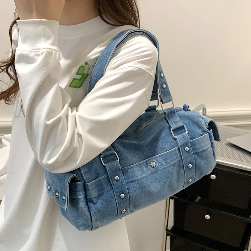 Women Denim Cylindrical Shoulder Bag Casual Large Capacity Handbag Versatile Daily Commute Shopping Short Trip Crossbody Bag
