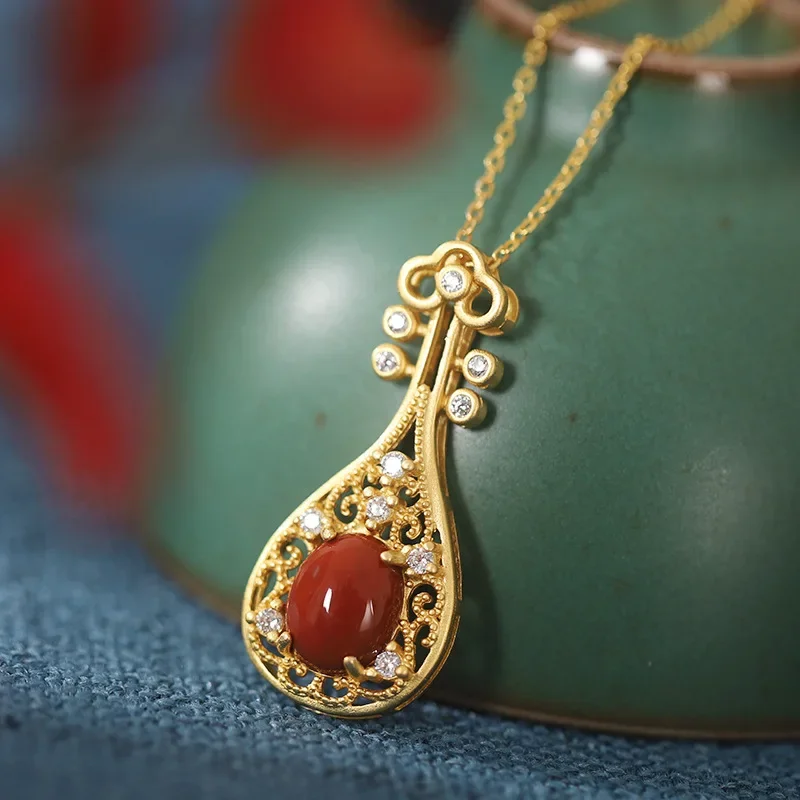 Original Design Southern Red Tourmaline Pipa Necklace Exquisite Rhyme Ancient Method Gold Craft Ladies Pendant Jewelry